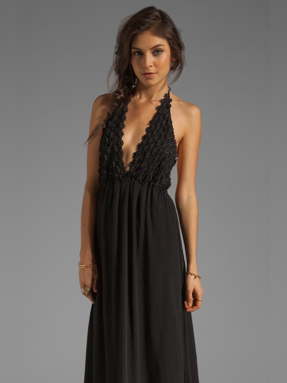For Love & Lemons Camillia Black Floral Deep V Halter Open Back Maxi Dress